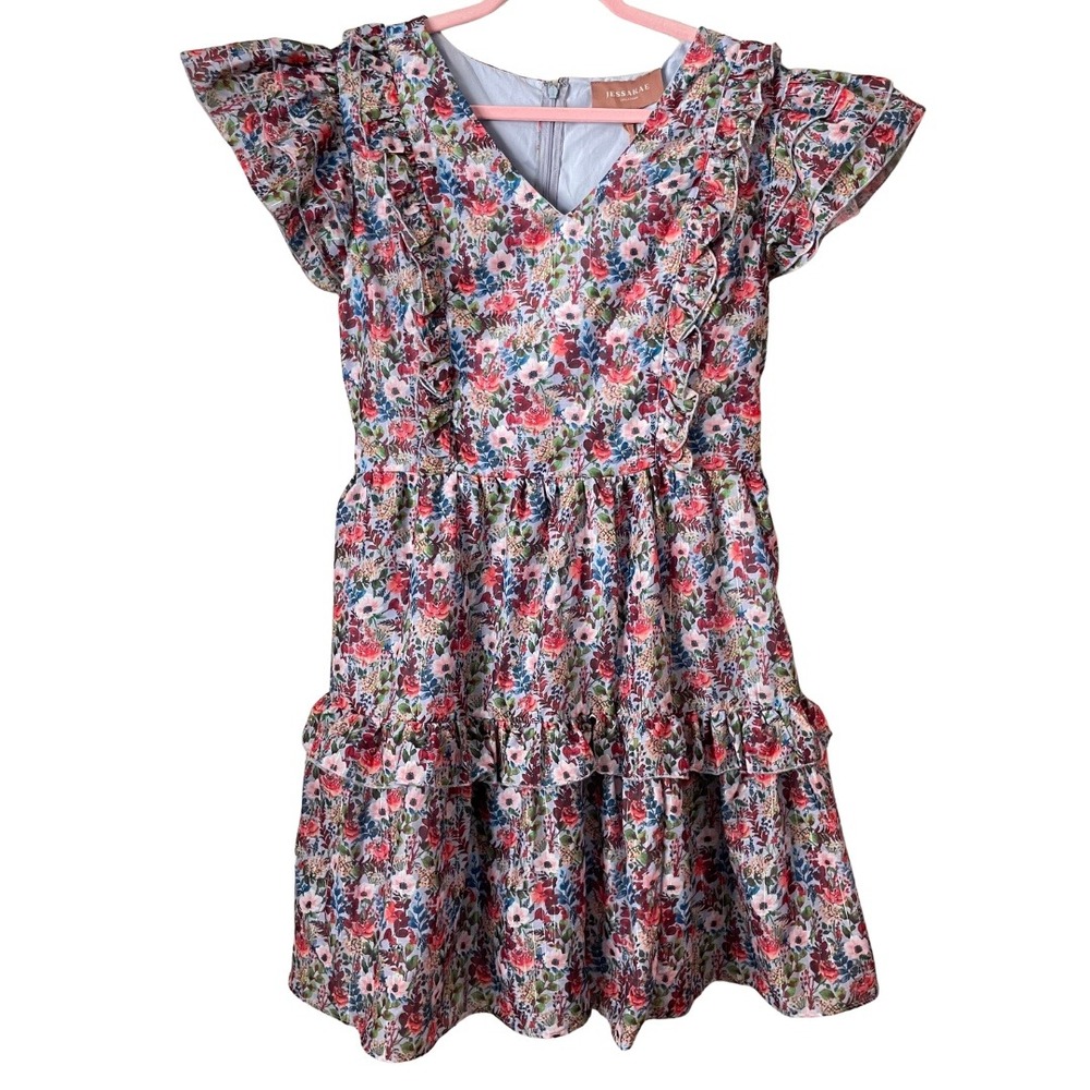 JessaKae Dress Womens XL Floral Full Bloom‎ Tiered Belted Mini Garden Tea Party